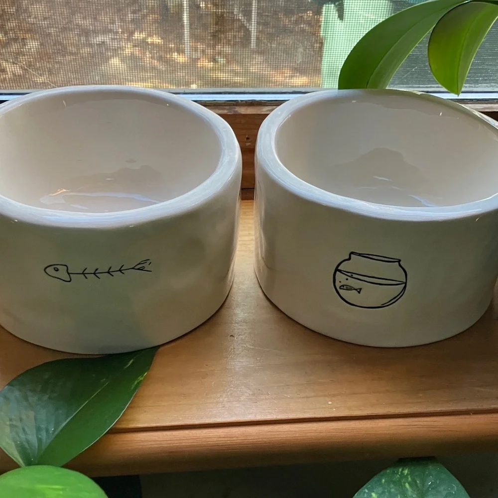 Rae Dunn White Cat Bowls with Fish Design
